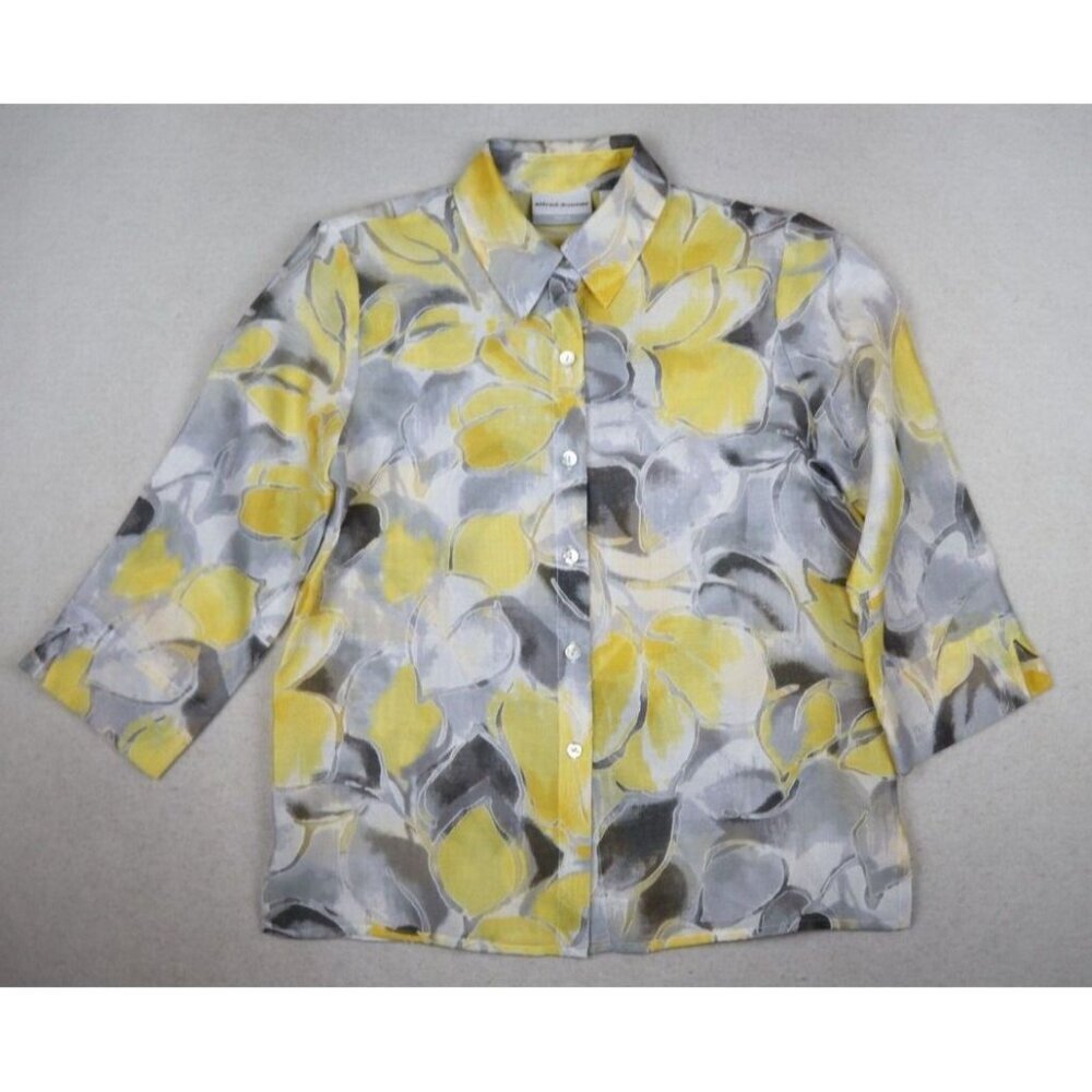 ALFRED DUNNER - WOMEN'S YELLOW & GRAY SHEER 3/4 SLEEVE BUTTON-UP TOP - 6P